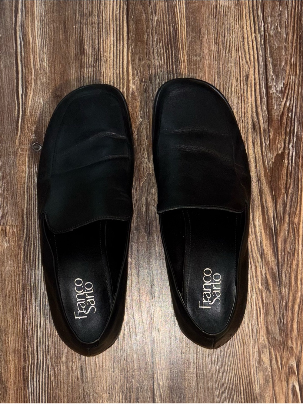 Franco Sarto Women’s Black Leather Slip-On Loafers — Minimalist Design